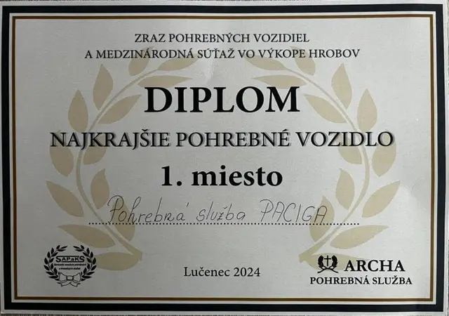 Diplom za 1. miesto v súťaži Najkrajšie pohrebné vozidlo, Lučenec 2024